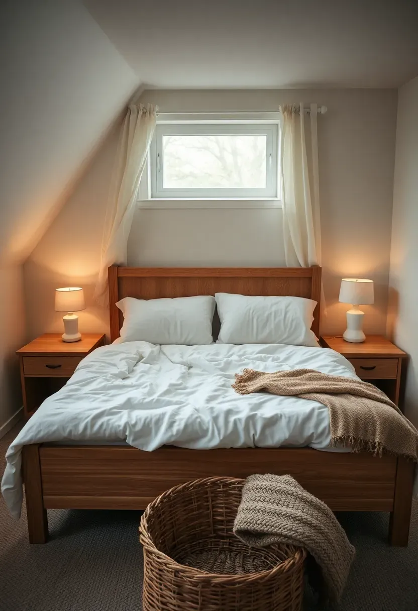 Cozy basement guest bedroom with a queen bed, nightstands, soft wall sconces, and an egress window with sheer curtains