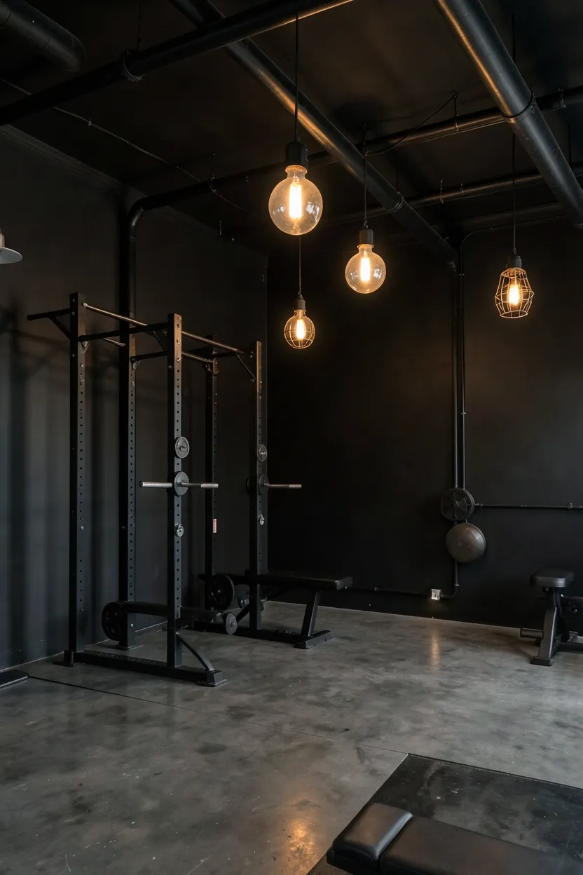 Industrial black gym with exposed Edison bulb fixtures on black pipe conduit and concrete floor
