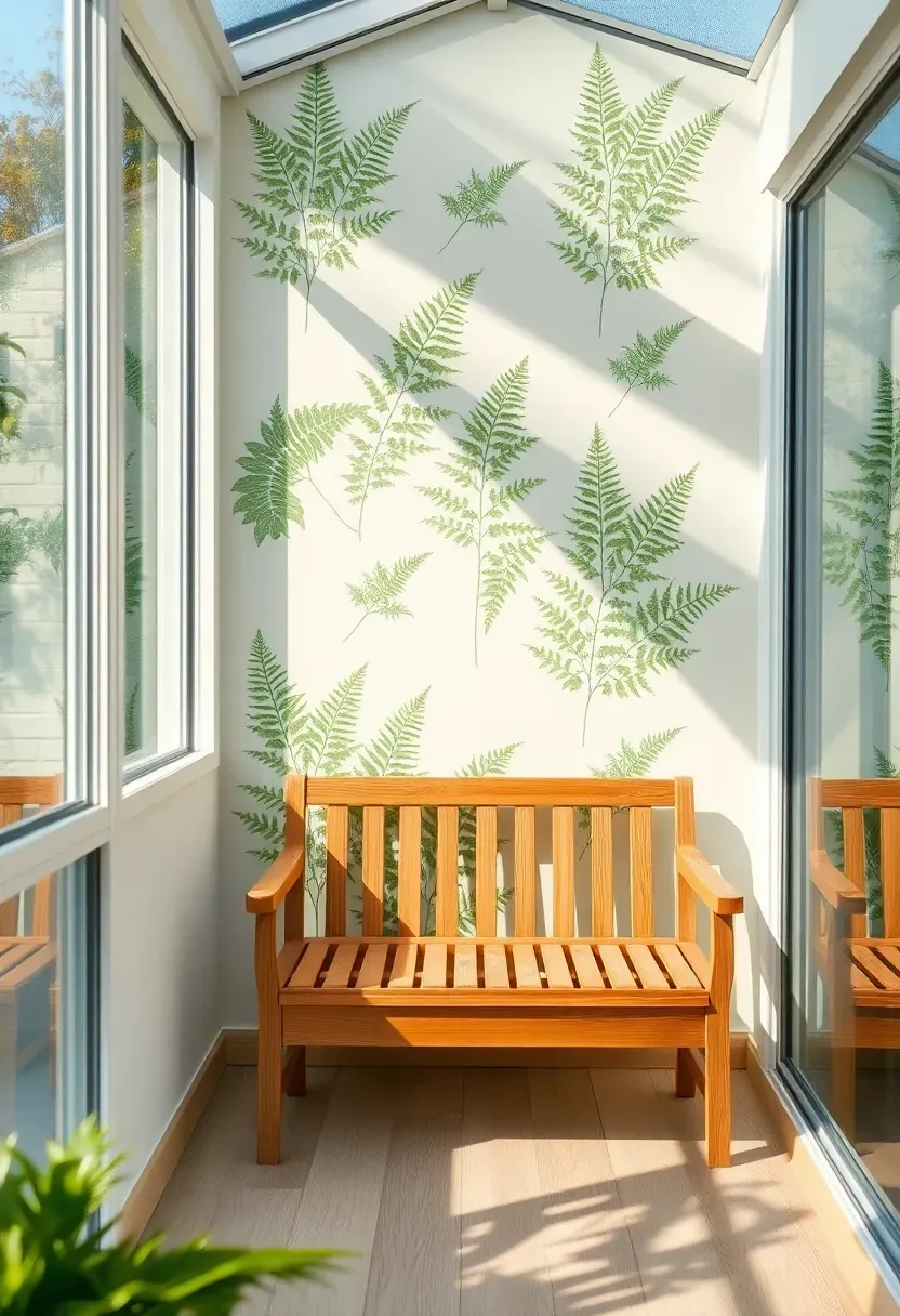 Small sunroom with one solid wall covered in removable botanical wallpaper featuring green fern fronds on a cream background, contrasting with the glass walls, a simple wooden bench in front