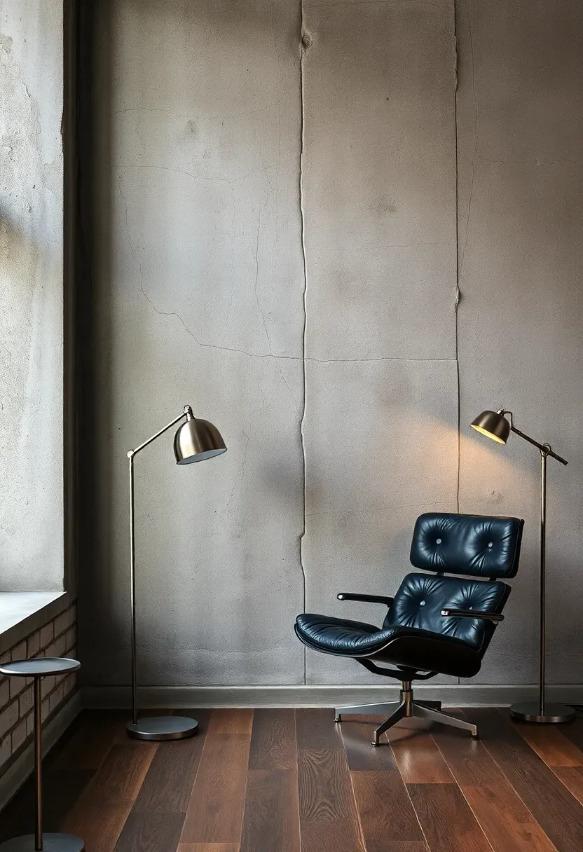Industrial loft with a weathered concrete accent wall showing natural aging patterns, cracks, and patina in grey and warm tan tones