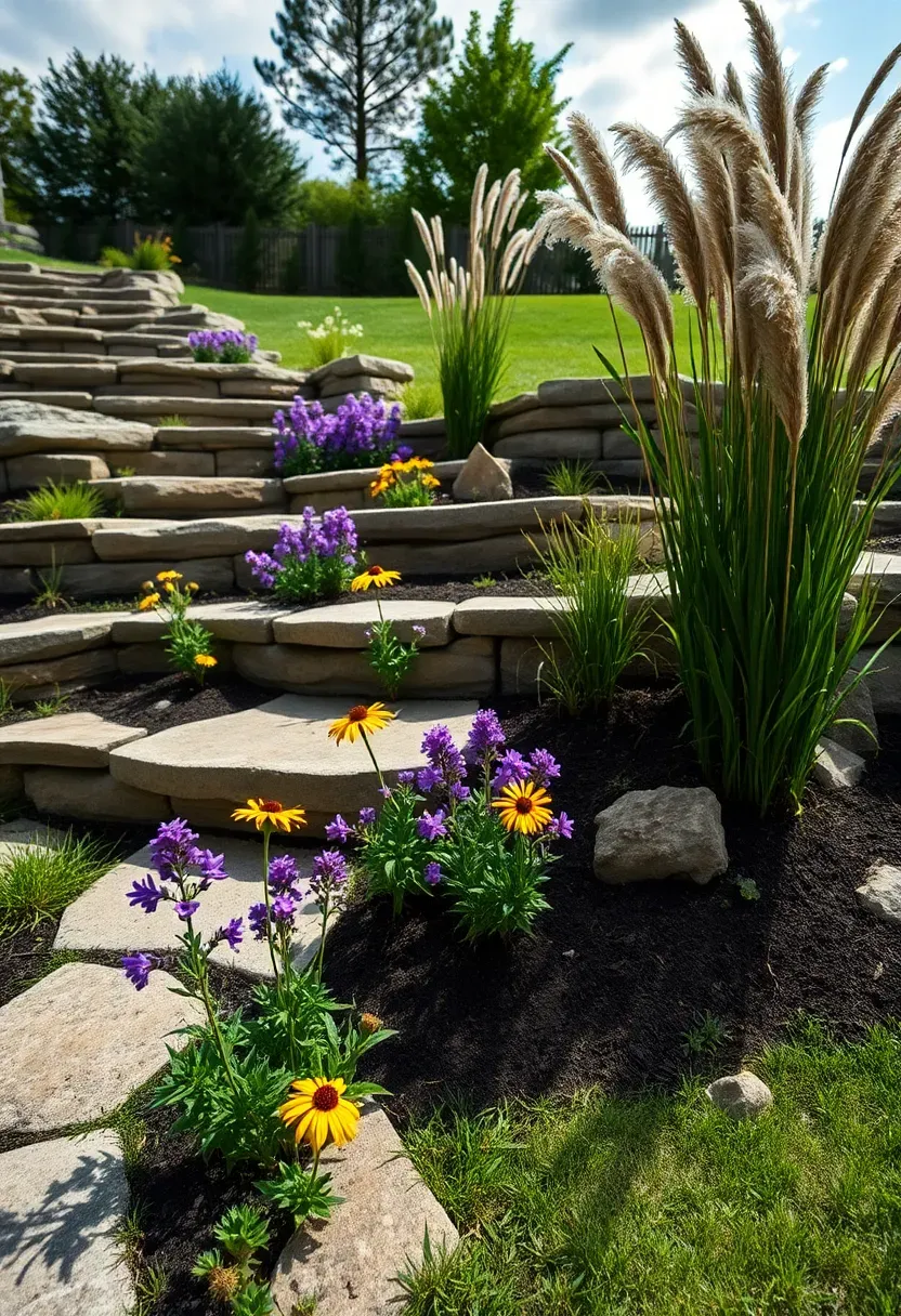 Backyard with multi-level stone terraces filled with flowering perennials and ornamental grasses stepping down a gentle slope
