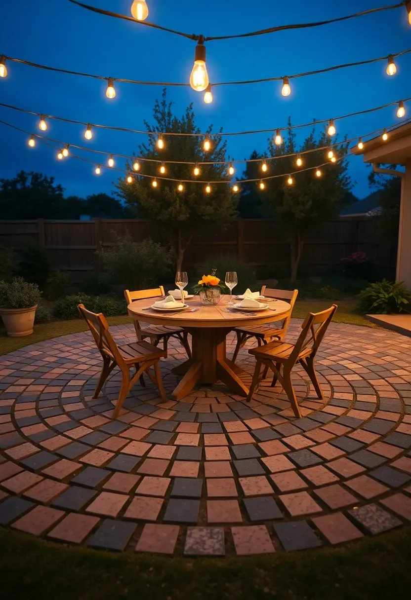 Fan pattern paver dining area with a round outdoor table and string lights overhead at dusk