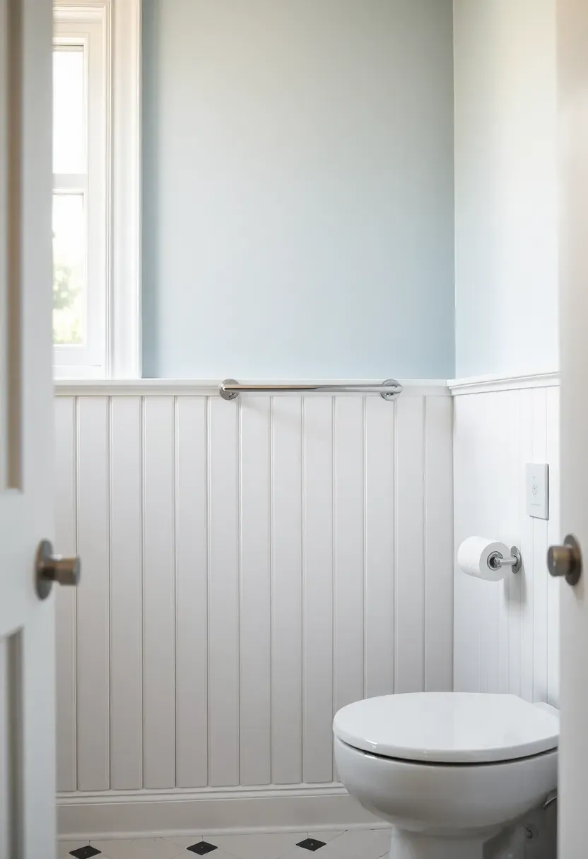 Bathroom with white board and batten wainscoting covering the lower third of the wall, pale blue paint above, and chrome fixtures
