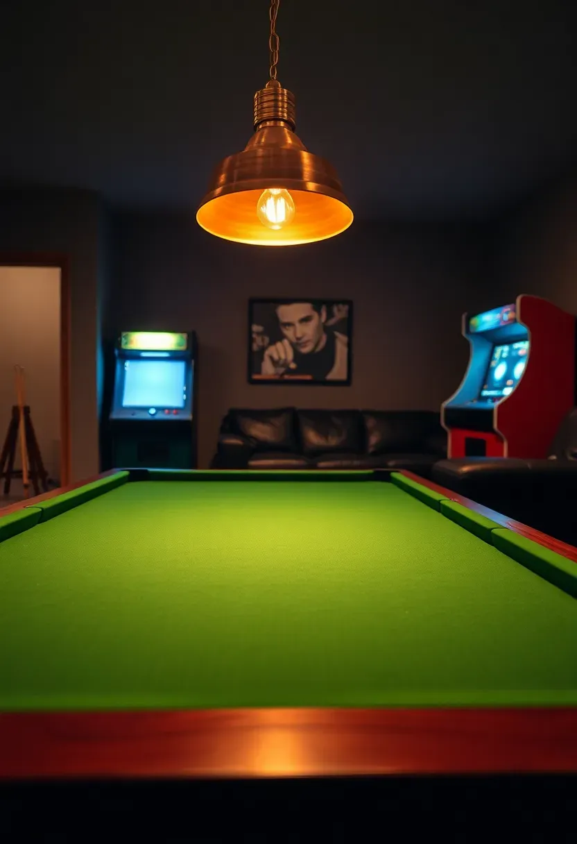Basement game room with a pool table under a low-hanging pendant light, a retro arcade cabinet against the wall, and a sectional sofa nearby
