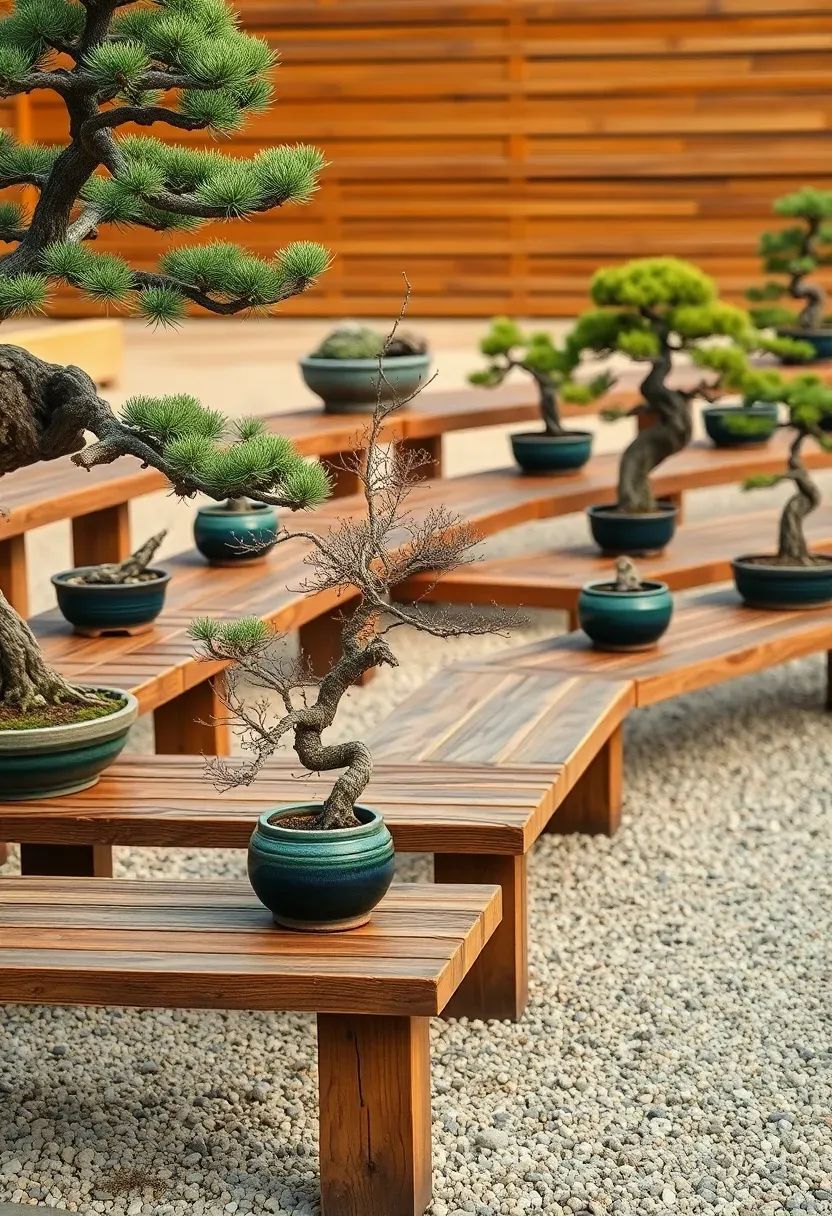 Formal bonsai display garden on weathered wooden benches with a collection of aged pine, juniper, and maple bonsai trees in ceramic pots against a raked gravel background