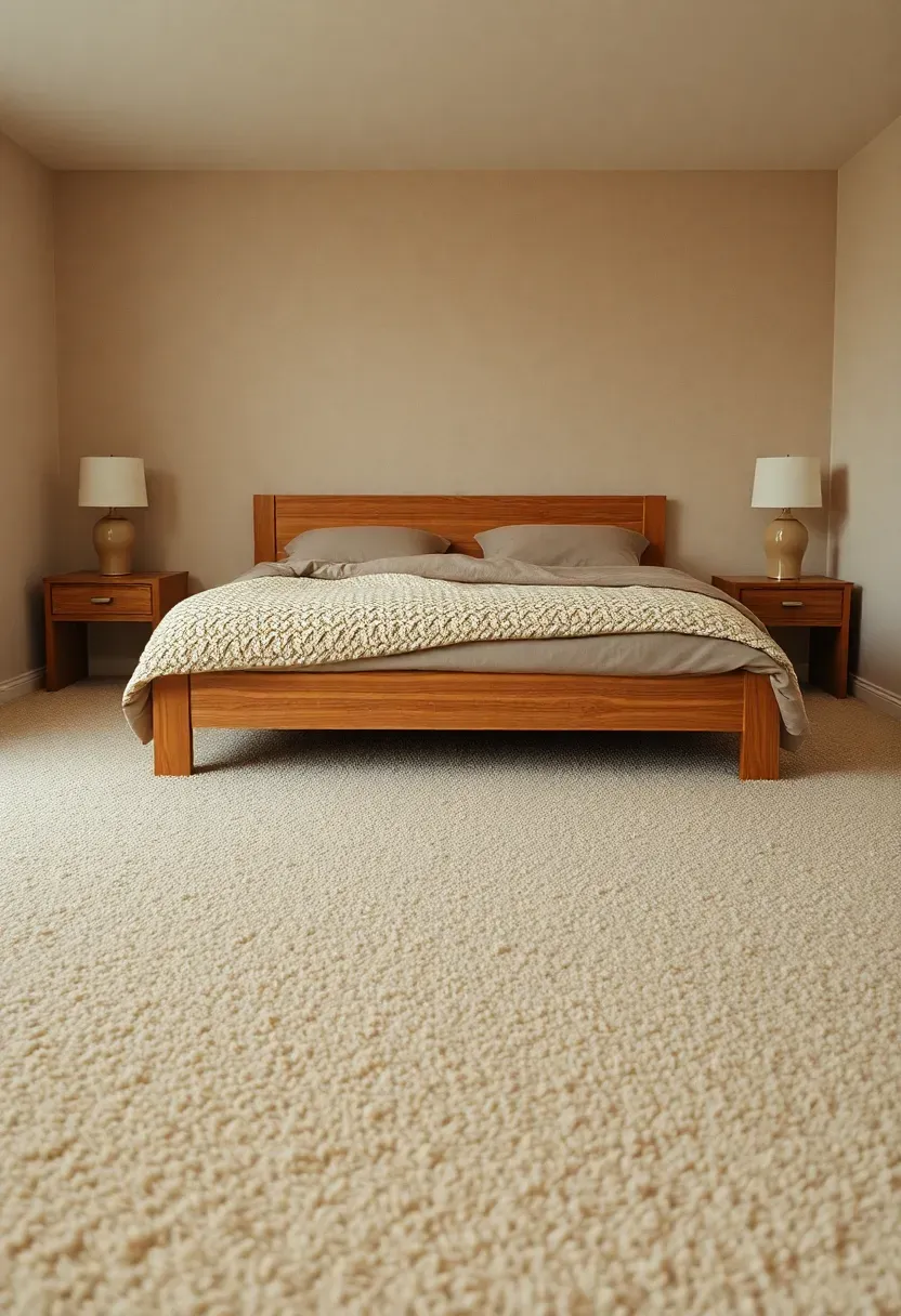 Basement bedroom with plush wall-to-wall carpet in warm beige, a low wooden bed, and layered textiles