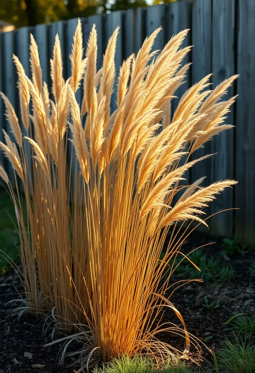 Row of tall ornamental grasses including Karl Foerster feather reed grass creating a natural screen along a backyard property line in autumn