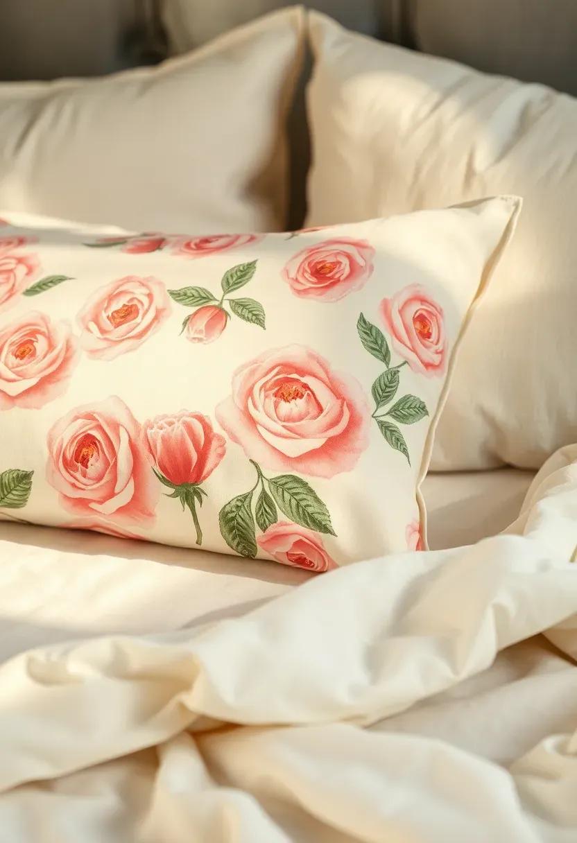 Vintage rose-printed fabrics in pillows and bedding with soft faded colors