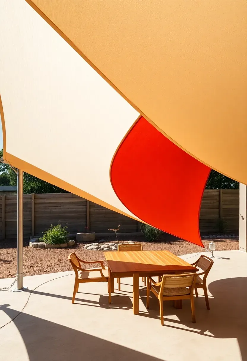 Multiple triangular shade sails in terracotta and cream colors stretched over a Texas backyard patio with outdoor dining furniture