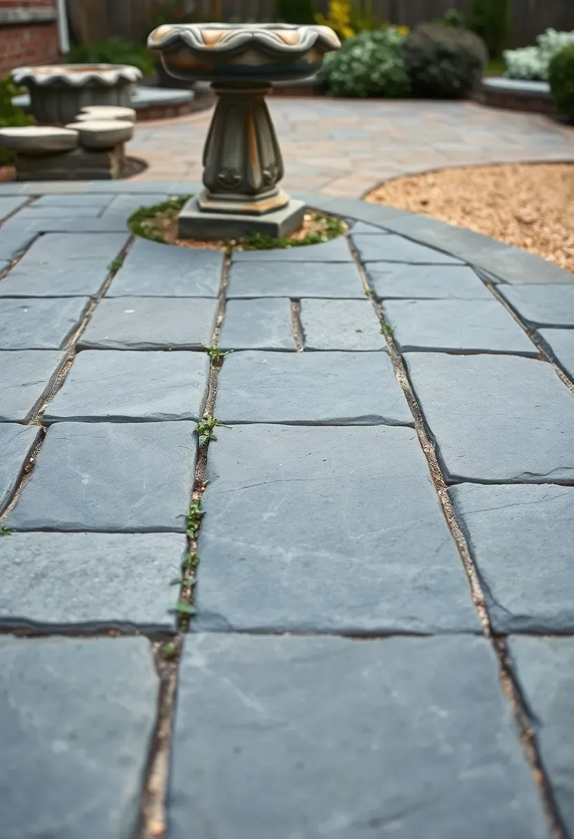 Irregular cut bluestone pavers on a backyard patio with natural blue-gray tones and ground-level plantings