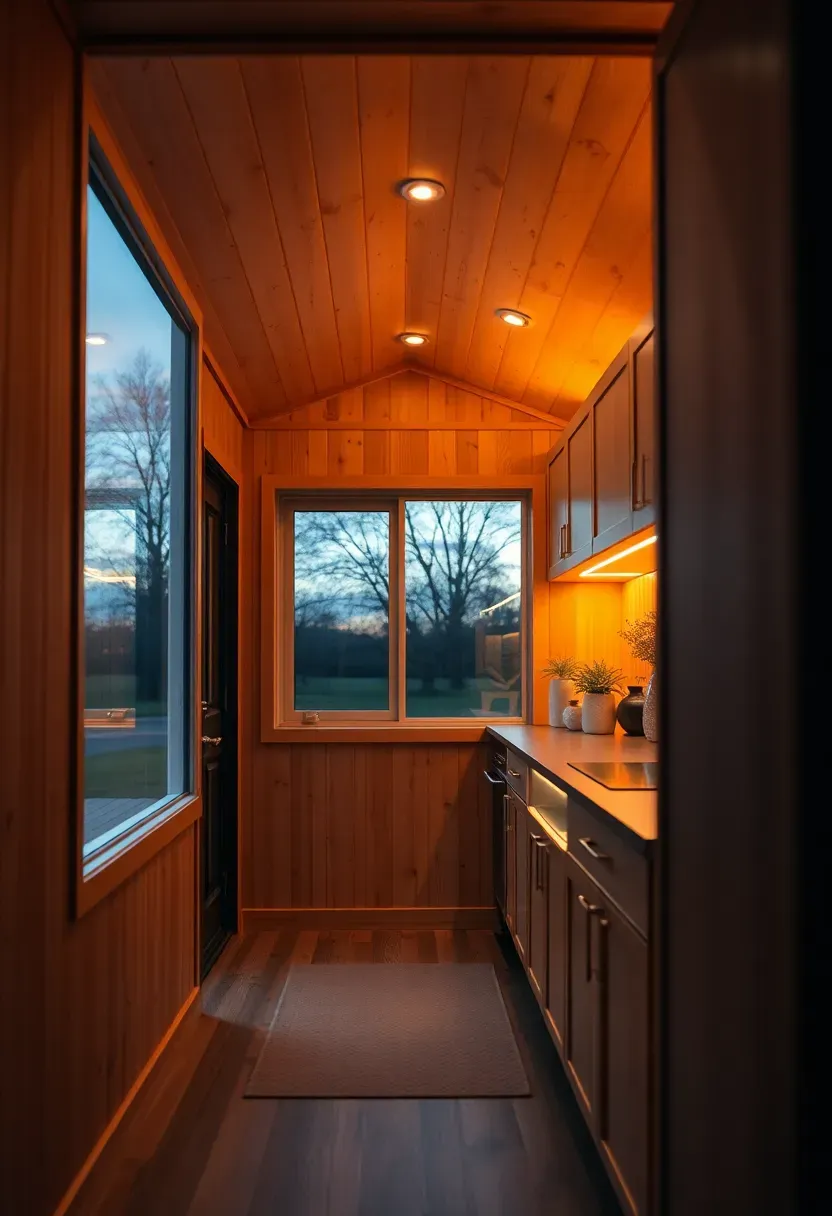 Hyper-realistic 3/4 view of a tiny house interior at dusk showing warm LED lighting creating cozy ambiance. Materials: light wood walls, recessed LED ceiling lights, LED strip lighting under cabinets, warm glow. Soft evening atmosphere, comfortable interior space. Energy-efficient lighting design, modern sustainable living. Shallow depth of field, window showing twilight outside. No text, no logos.</p>