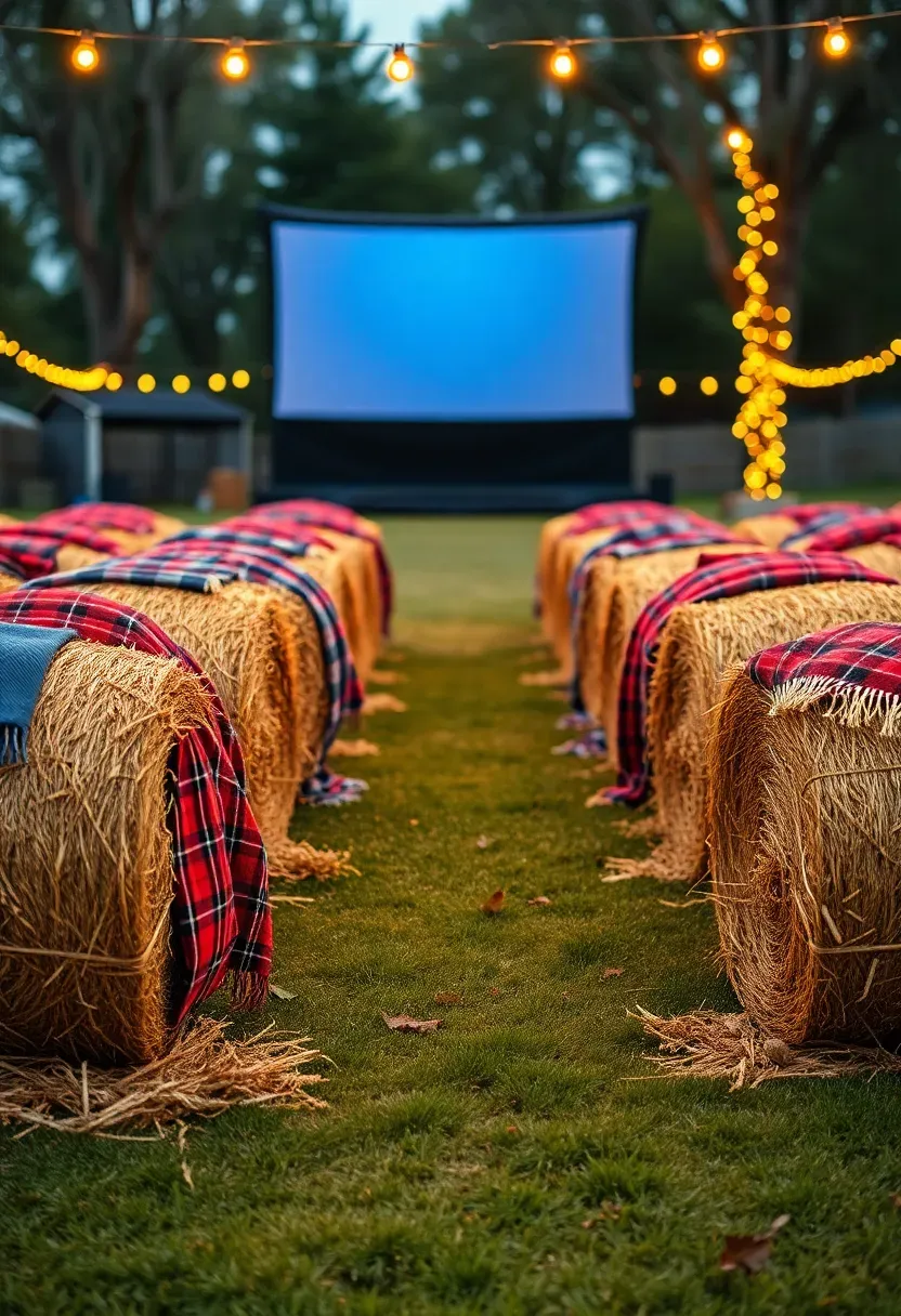 Straw hay bales arranged in curved theater rows on a backyard lawn facing an outdoor movie screen, with plaid blankets draped over each bale