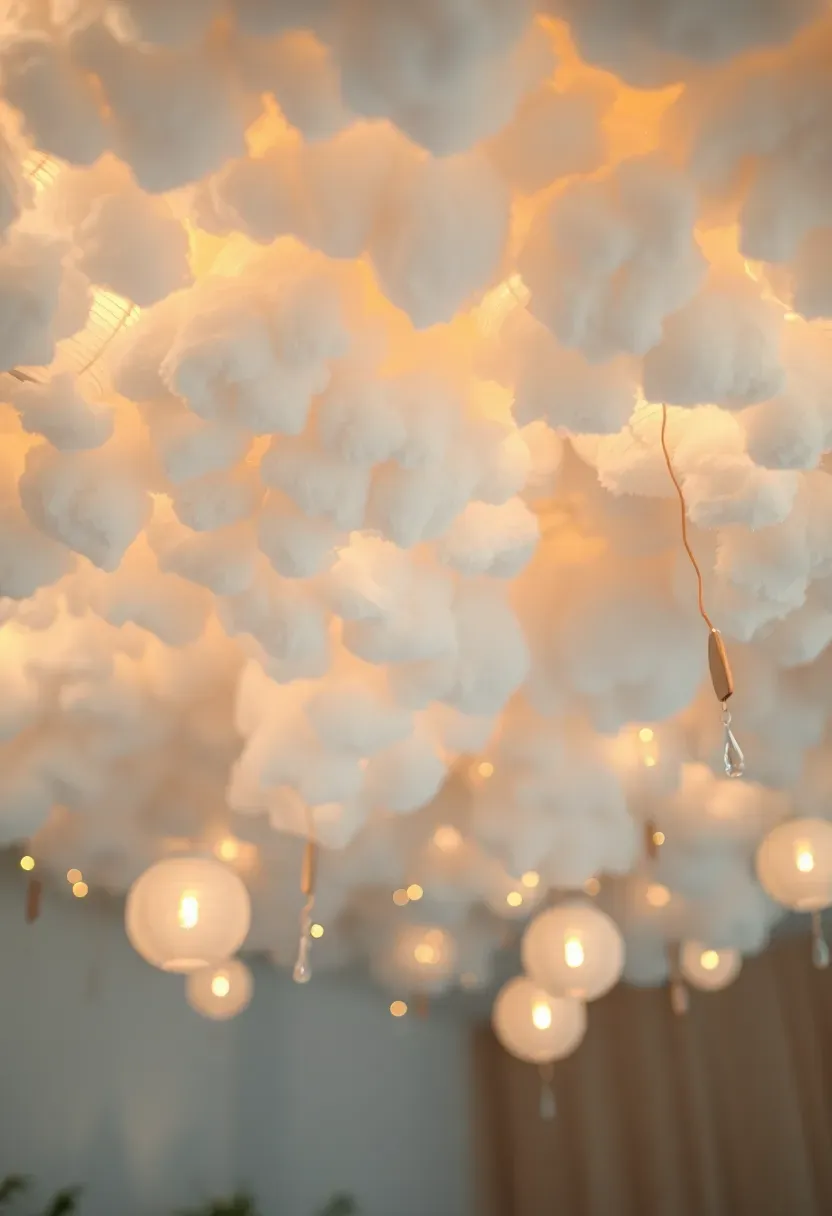 dreamy baby shower ceiling covered in white cotton cloud shapes with hanging paper raindrops and soft fairy lights creating a whimsical nursery atmosphere