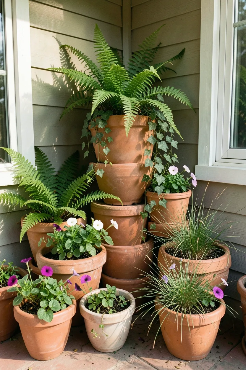 Hyper-realistic eye-level photograph of back porch corner with collection of terracotta and ceramic pots in varying sizes, containing lush ferns, trailing ivy, flowering petunias, and small ornamental grasses, arranged at different heights for visual interest. Natural morning light. Materials: terracotta, ceramic, green plants, soil. Organic vibrant mood. Sharp details on plant leaves and pot textures. No text, no logos, no watermarks.