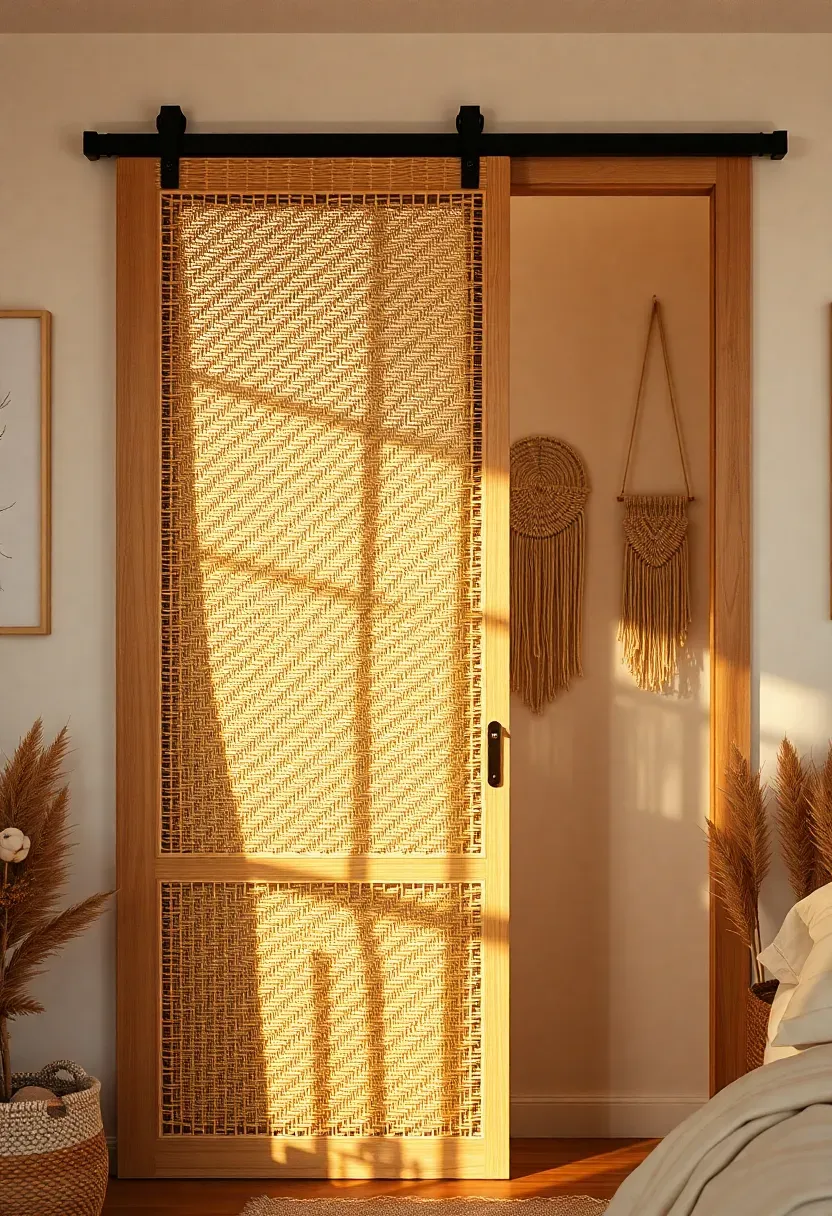 Woven cane panel barn door with natural rattan webbing in a light wood frame sliding over a closet in a boho bedroom