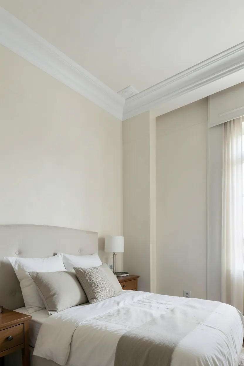 Exposed dark wood ceiling beams adding rustic character to an earthy living room with neutral walls and warm lighting
