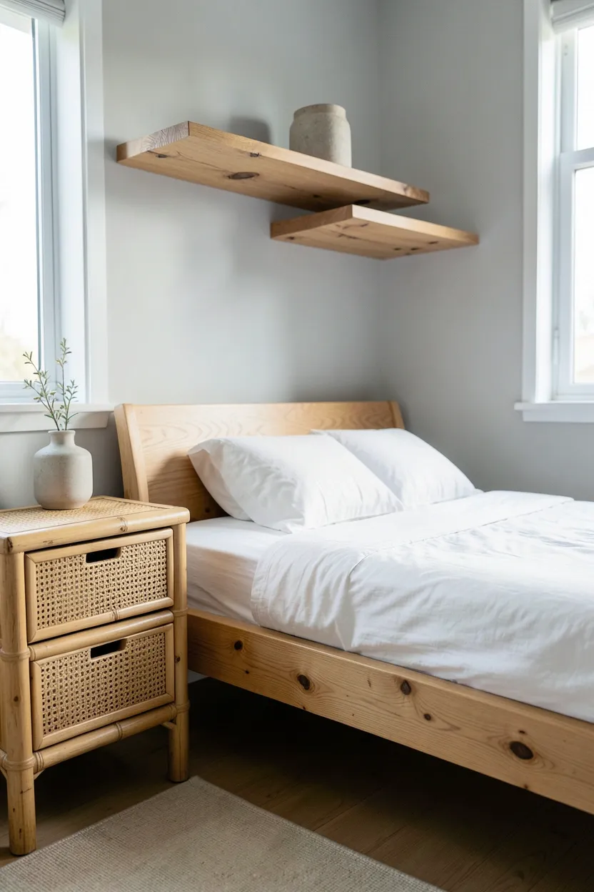 Natural bamboo and rattan wood accents on floating shelves in a neutral tropical Japandi bedroom