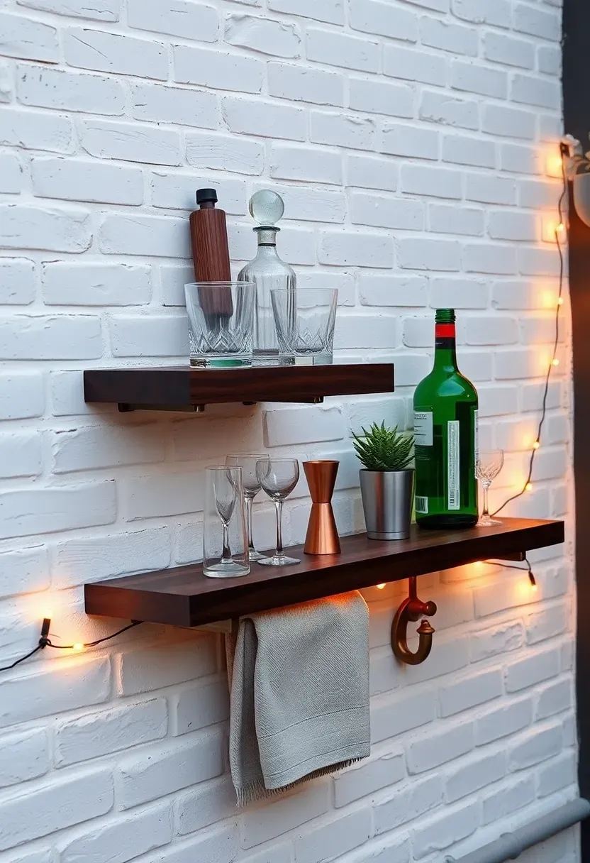 A wall-mounted floating shelf bar cart station on an exterior wall with glasses, a small plant, and bottles of drinks