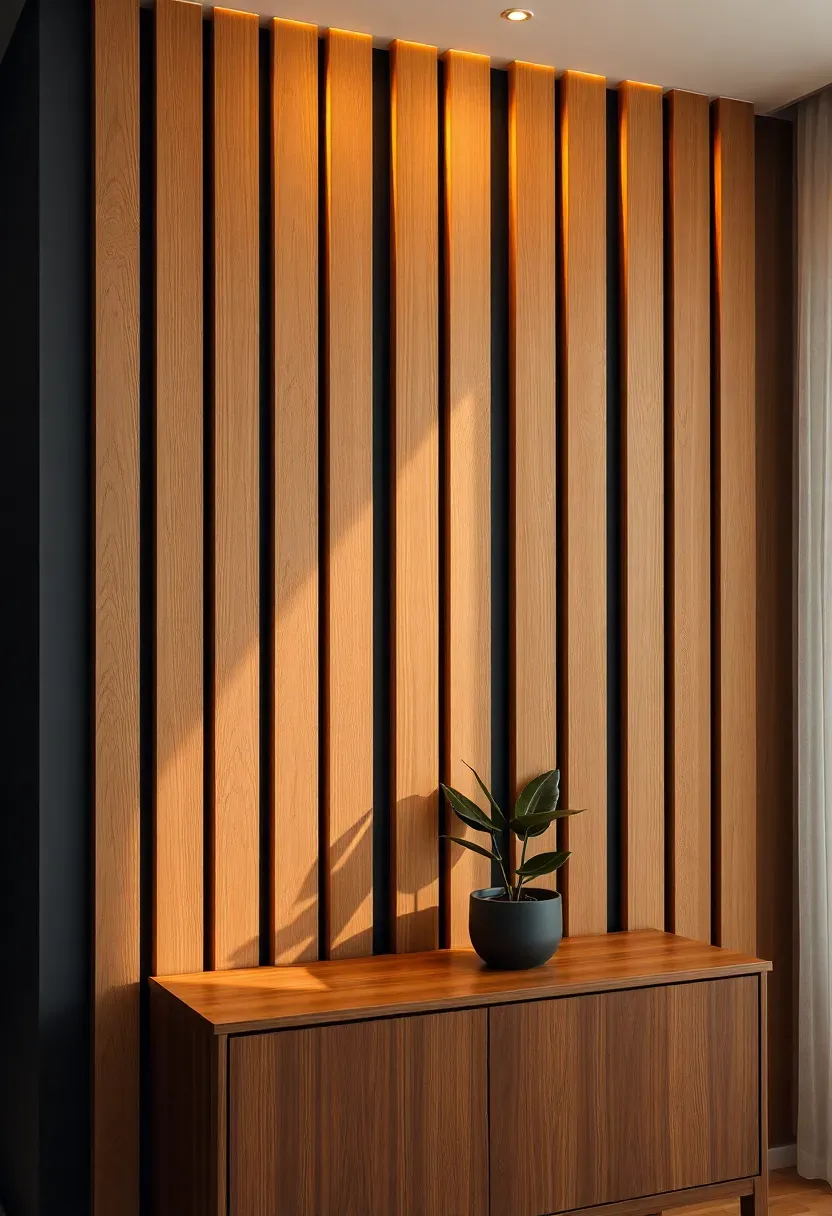 modern wooden slat accent wall with warm oak tones and indirect LED backlighting