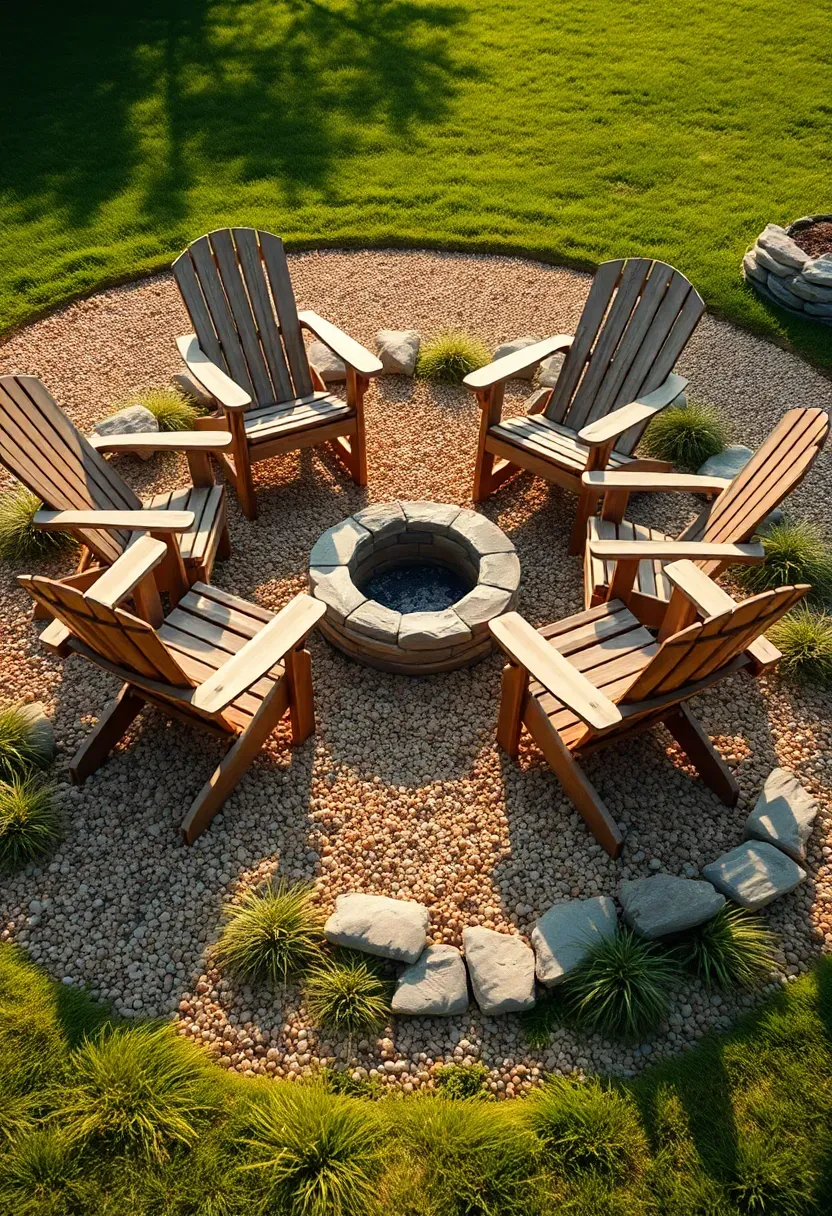 Circular gravel seating area with four Adirondack chairs, a low stone fire ring in the center, and border plantings of ornamental grasses