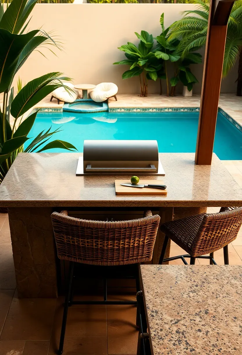 Outdoor kitchen and grill station next to a pool with stone countertops, a built-in bar with stools facing the pool, and tropical plantings
