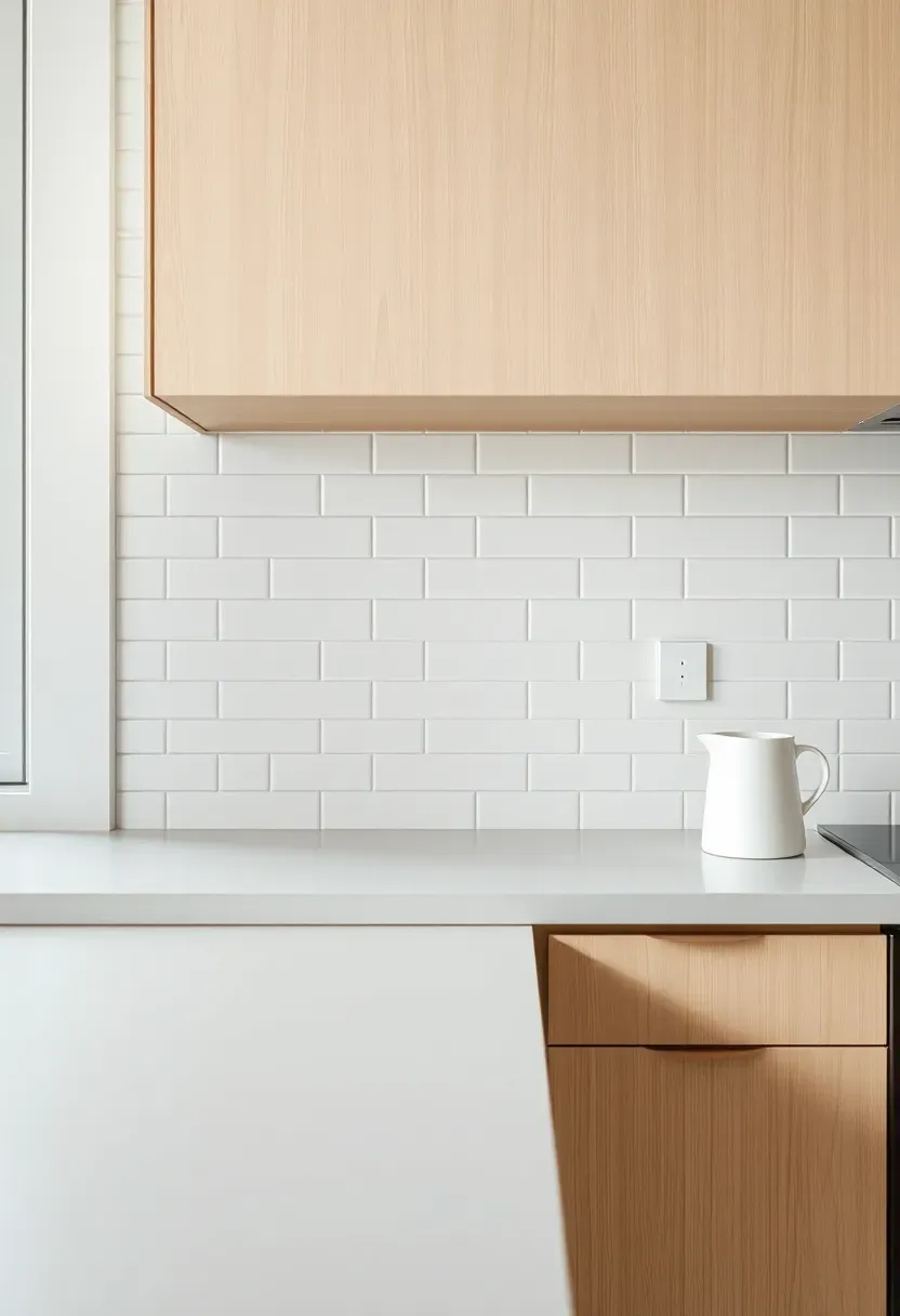 vertical stack bond white subway tile backsplash with thin grout lines in a minimalist Scandinavian kitchen