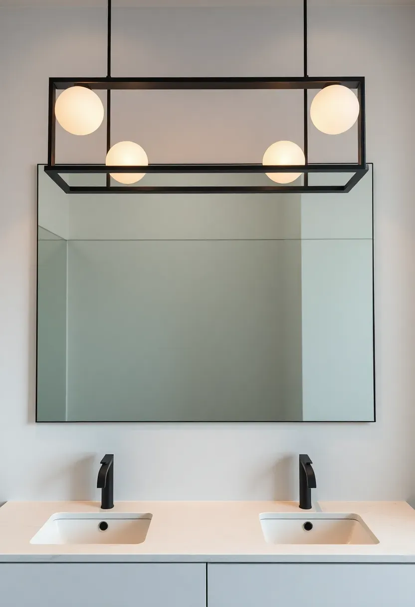 Long matte black linear chandelier with five bulbs mounted above a double vanity in a modern bathroom