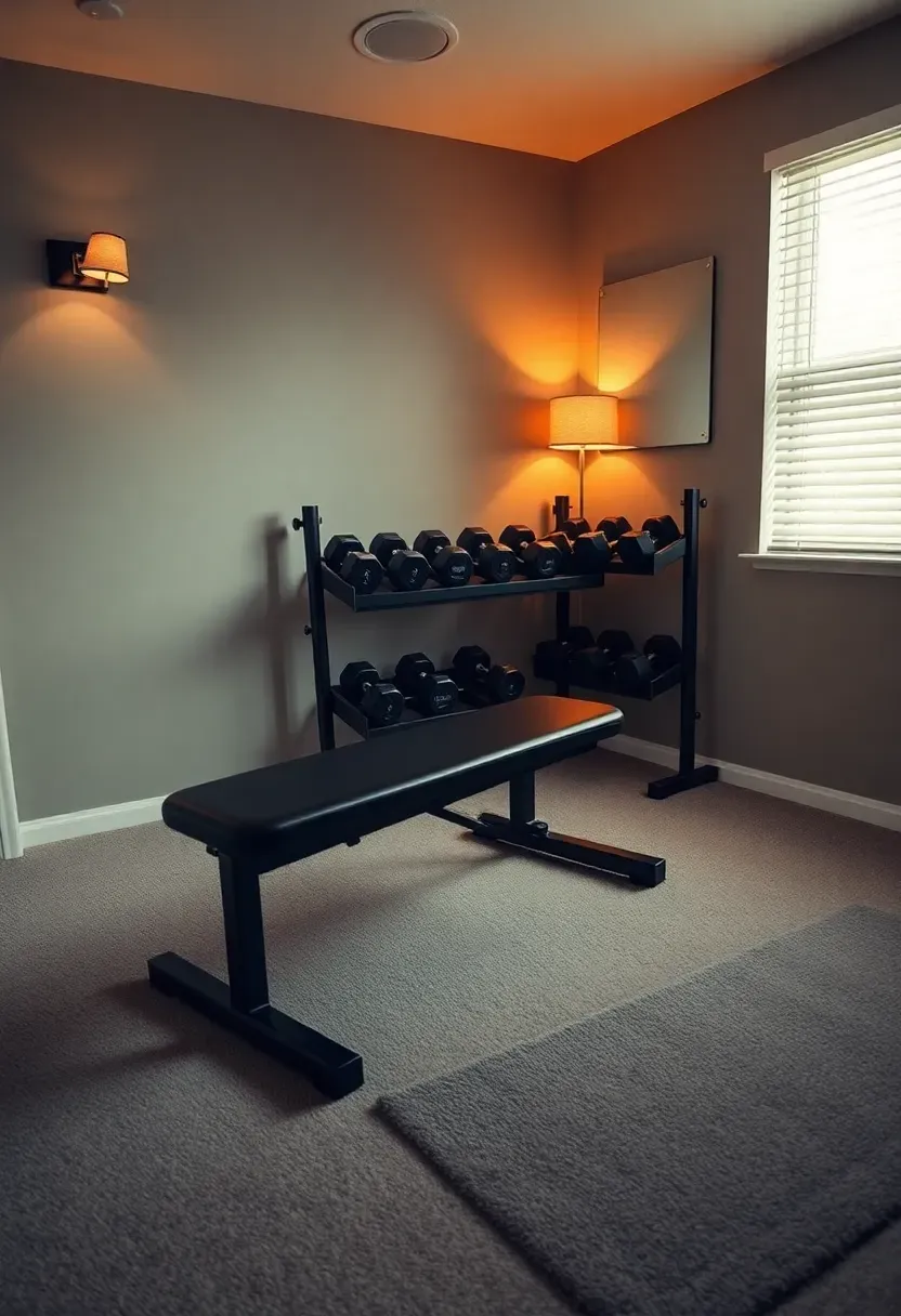 Spare bedroom converted to a dumbbell studio with adjustable bench, dumbbell rack, and soft ambient lighting