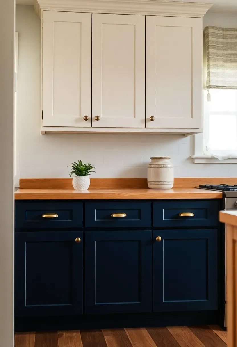 Kitchen with navy blue lower cabinets and creamy white upper cabinets with wood accents