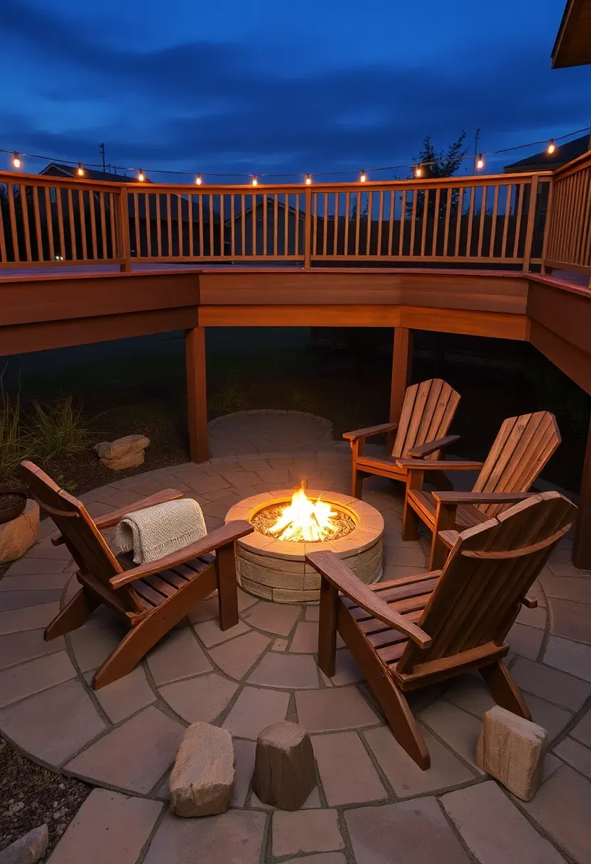 Wraparound upper deck with built-in benches overlooking a sunken fire pit area on the lower level surrounded by stone pavers at dusk with flames glowing