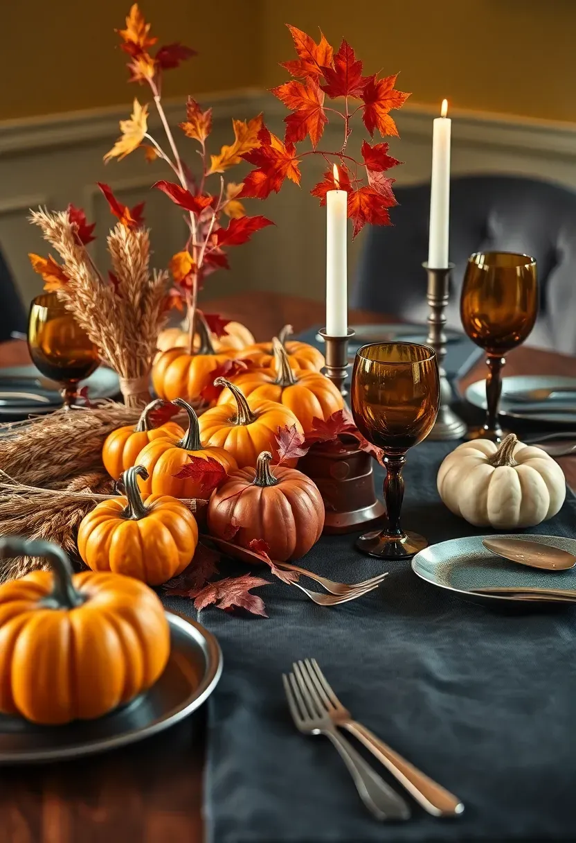 Holiday harvest Thanksgiving table with pumpkins, autumn leaves, wheat stalks, and amber glassware