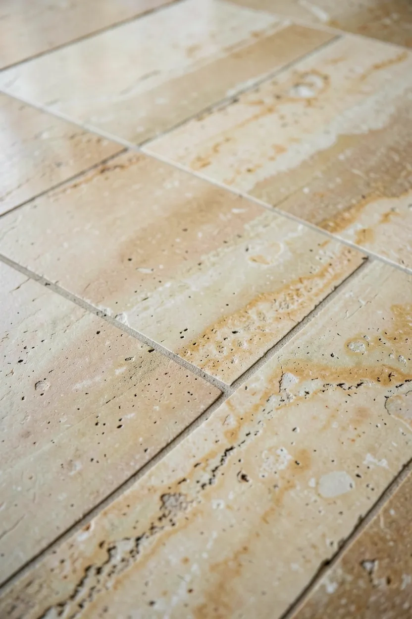Honed limestone bathroom floor with natural color variations and visible mineral deposits in a calm wabi-sabi space
