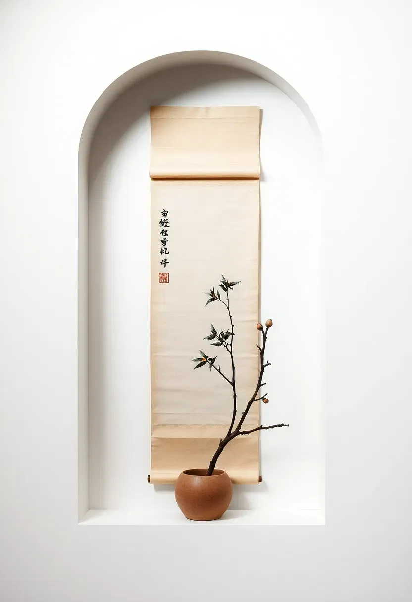 Hyper-realistic 3/4 view of a modern tokonoma-inspired wall alcove displaying a single scroll with ink brush painting of bamboo, small ceramic vessel with single branch of plum blossoms, minimalist arrangement. Materials: white wall recess creating shadow depth, aged paper scroll with visible texture, charcoal ink painting, unglazed ceramic vessel, dried branch with visible buds. Soft directional light from above-left emphasizing the scroll texture and creating depth in the alcove. Absolutely nothing else on wall, no competing visual elements. Shallow depth of field focusing on scroll-bamboo arrangement. No text on scroll visible, no logos, no watermarks.</p>