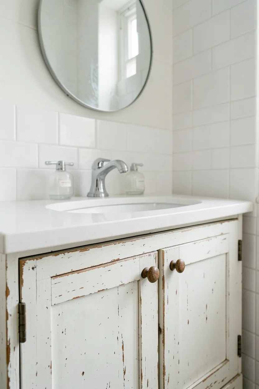 Hyper-realistic eye-level photograph of a rustic bathroom vanity featuring white cabinet doors with distressed wood hardware pulls and knobs, visible grain and aged patina, white quartz countertop, chrome faucet, small round mirror. Natural light. Materials: distressed pine wood hardware, white quartz, chrome fixtures, white ceramic tiles. Authentic weathered wood grain. Rustic hardware details. No text, no logos, no watermarks.</p>