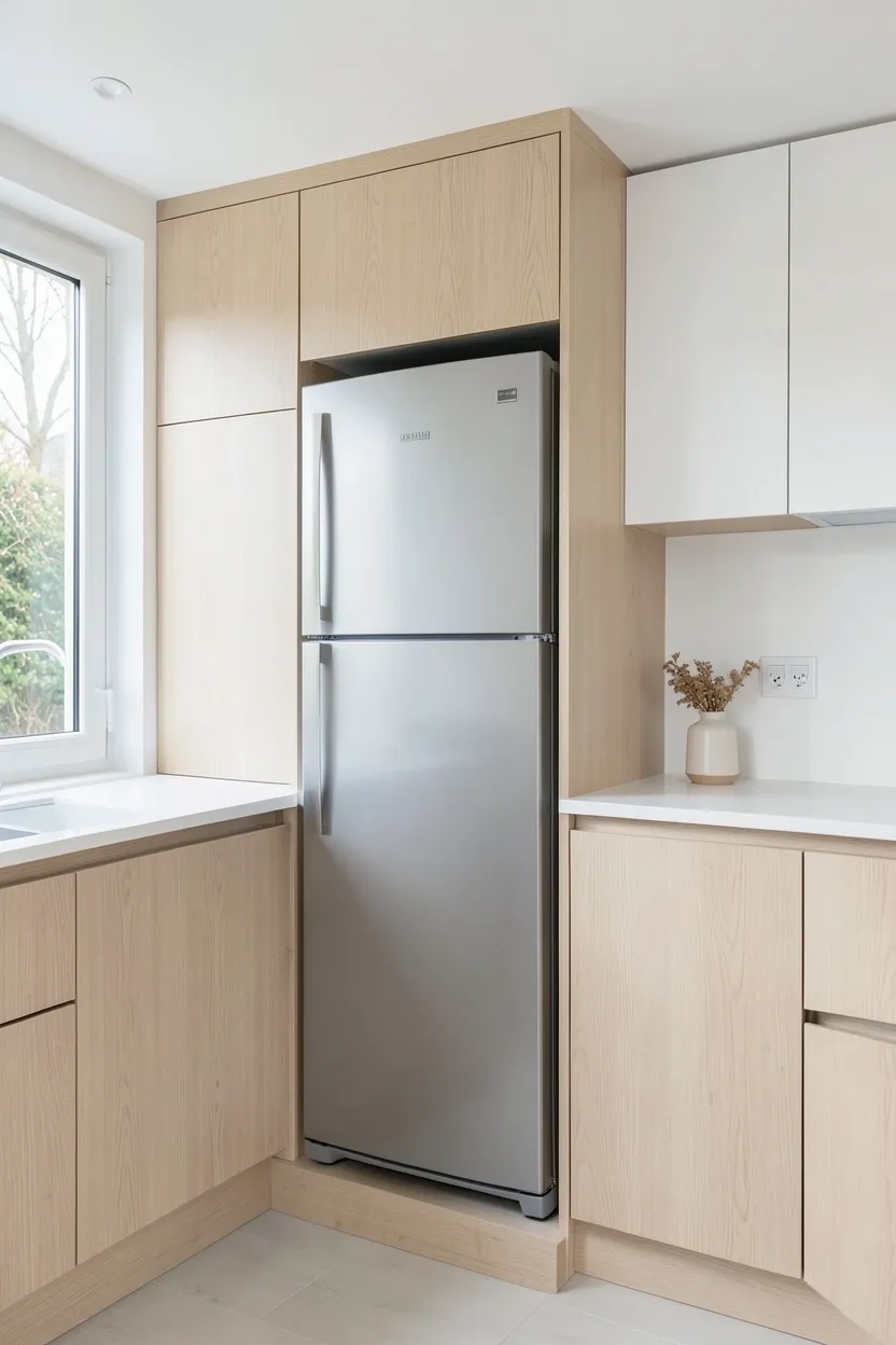 Japandi kitchen with honed quartz stone countertop in soft beige paired with light wood cabinets