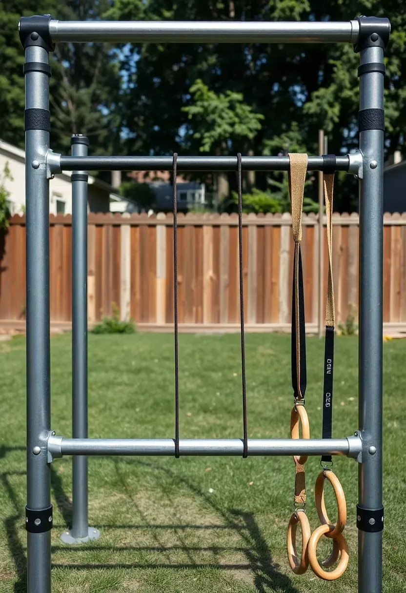 Calisthenics park-style setup in a residential backyard with parallel bars, pull-up bar, dip station, and rings hanging from a steel frame