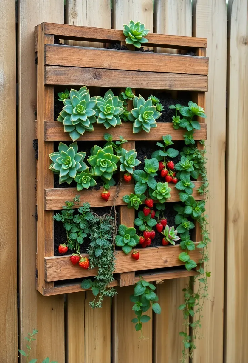 A vertical pallet planter wall mounted on a fence, filled with succulents, strawberries, and trailing herbs spilling over the edges