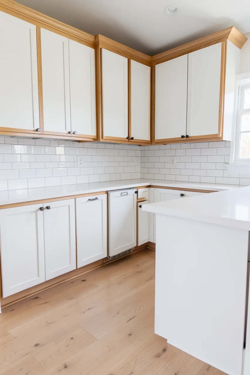 White kitchen cabinets framed with warm wood trim detail, subtle natural wood accent adding depth without overpowering the bright white palette