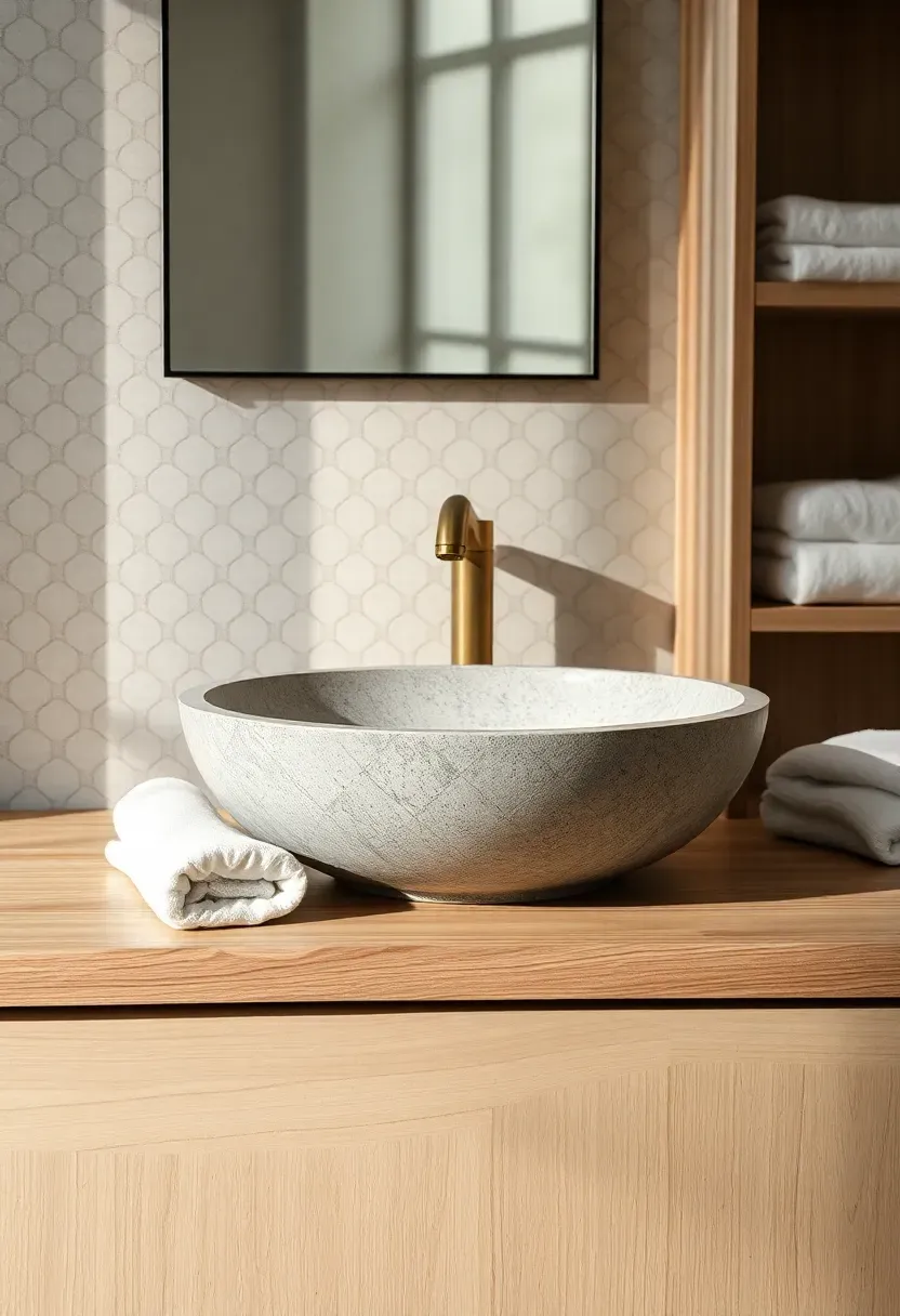 Hyper-realistic straight-on view of stone vessel sink on light oak vanity. Materials: honed travertine stone, white oak wood, brushed brass faucet, white towels. Soft natural light, neutral palette, spa-like mood. Sharp focus on stone texture and wood grain, visible mirror and shelving. No text, no logos, no watermarks.</p>
