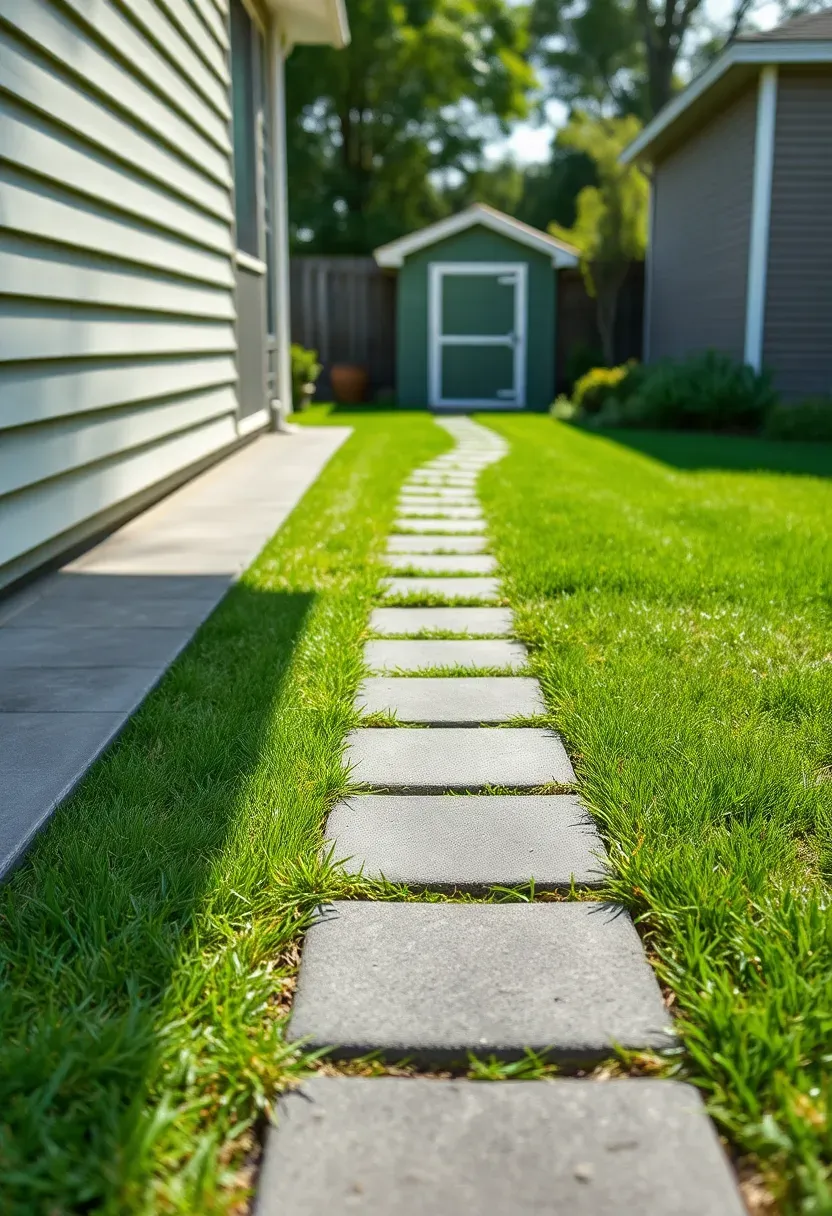 Paver patio connected to the house with a stepping stone path extending into the garden through green grass