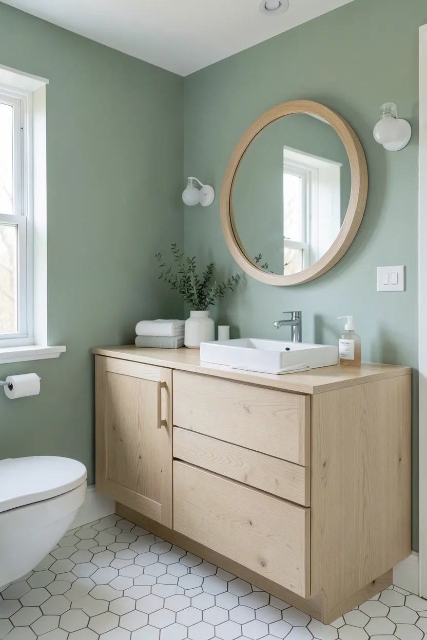 Scandinavian sage green bathroom with light ash wood vanity, white hexagonal floor tiles, and sheepskin rug