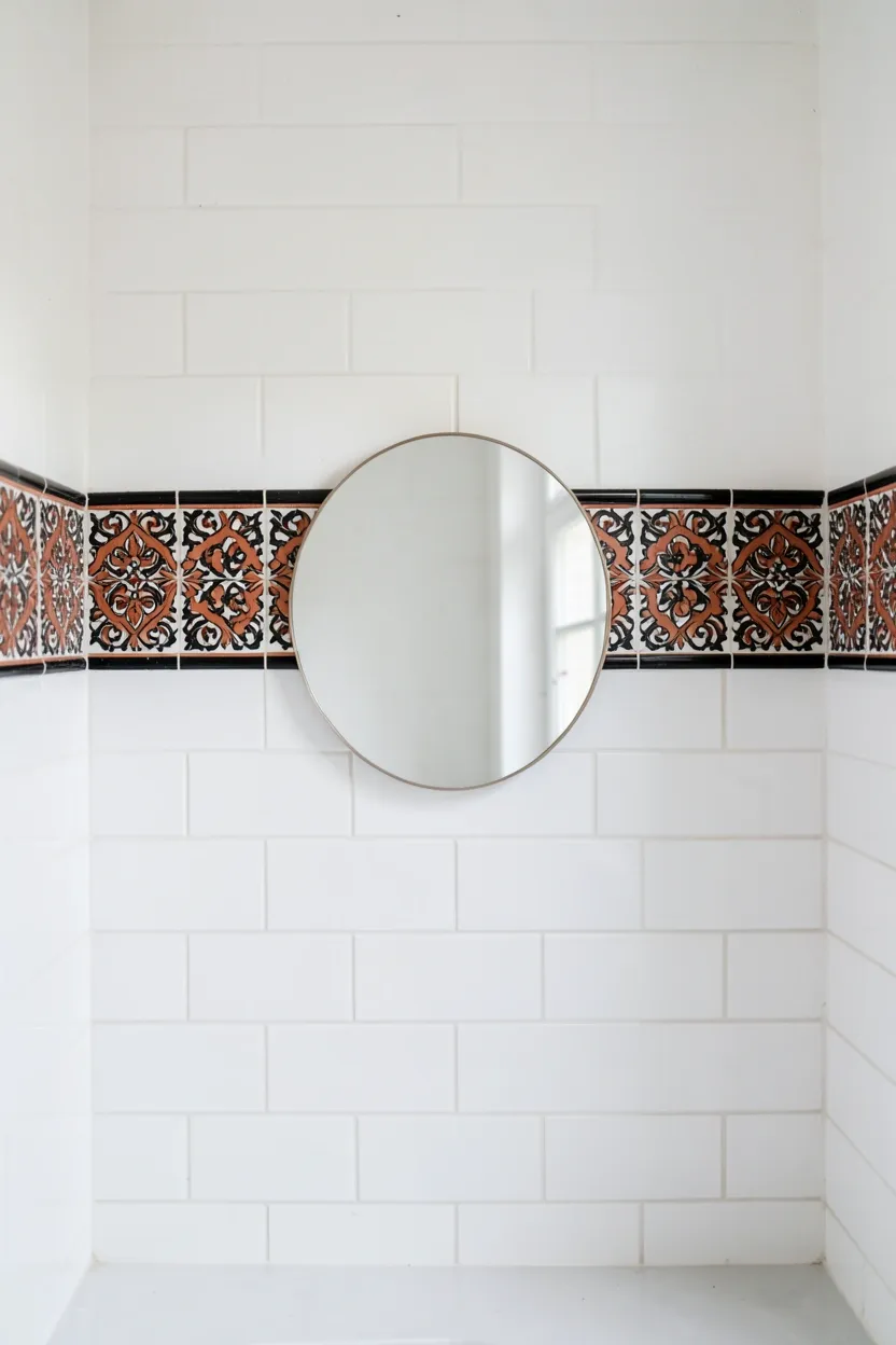 Hyper-realistic eye-level photograph of a Moroccan-style bathroom wall featuring decorative tile border strip with henna-inspired floral and geometric patterns in terracotta and black, white subway tile walls above and below border, small round mirror at center. Natural light. Materials: terracotta and black ceramic border tiles, white subway tiles, white wood. Delicate Moroccan henna design. Intricate floral patterns. No text, no logos, no watermarks.</p>