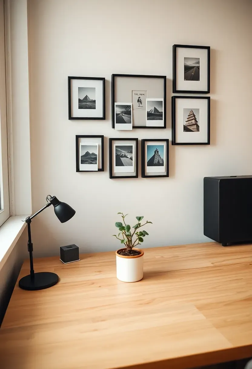 college dorm desk with gallery wall mix of framed prints polaroids and small plants