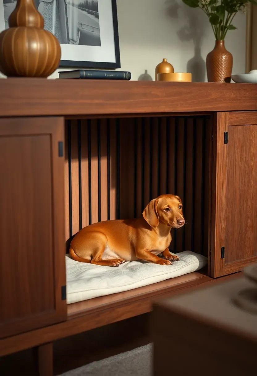 Living room walnut credenza with slatted dog crate compartment, plush washable pad visible through matte black slats, and dachshund resting inside