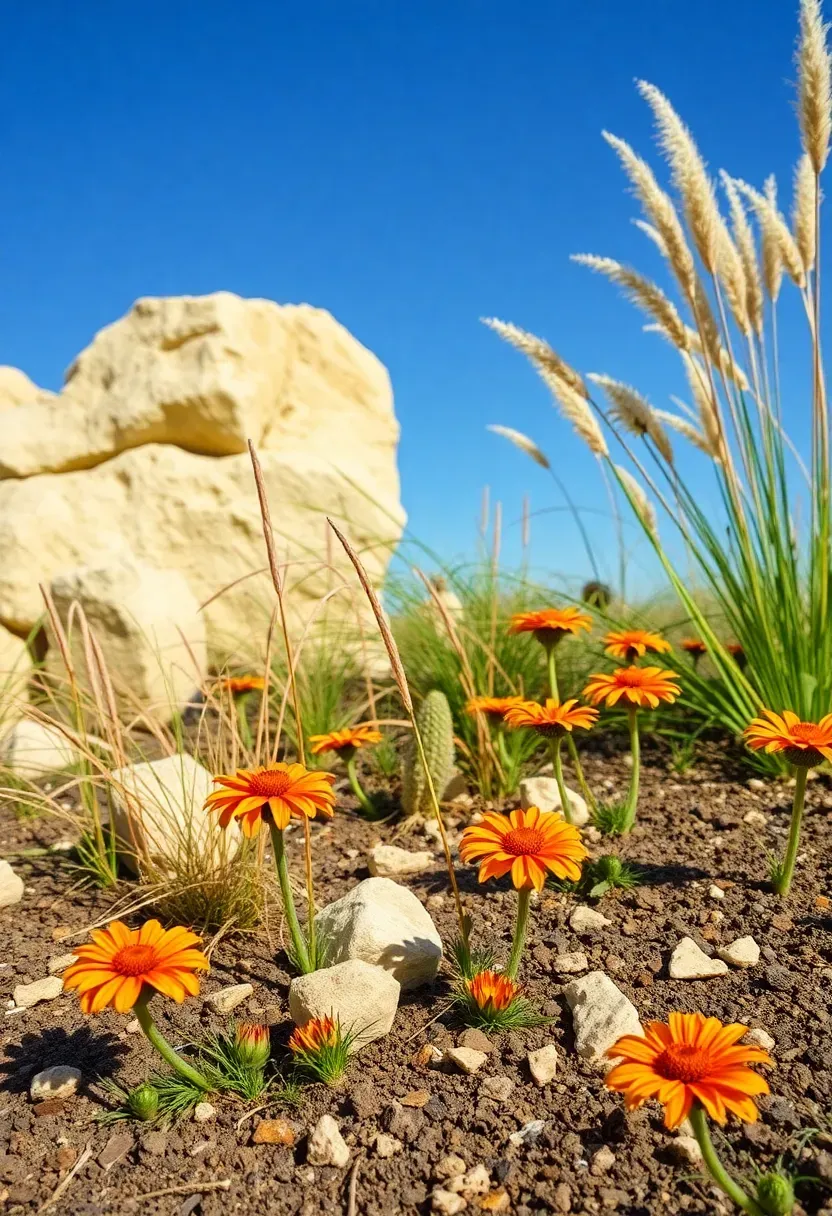Prairie-inspired front garden with rough limestone outcrop rocks, wispy switchgrass, coneflowers, and rudbeckia in natural drifts under open sky
