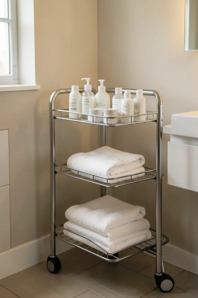 White metal tiered rolling cart beside a bathroom vanity storing toiletries and towels in a small apartment