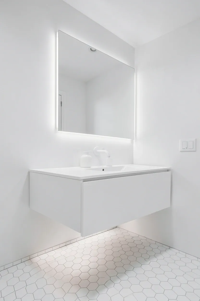 Modern white bathroom with wall-mounted floating vanity, LED strip lighting underneath, and hexagon floor tiles in a minimalist apartment