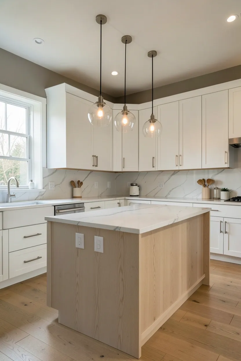 Hyper-realistic wide shot of a modern kitchen with white oak Shaker cabinets throughout. Flat-panel white oak cabinets with clean rail and stile construction on all perimeter walls. Natural grain pattern visible with subtle warmth. Large island in same white oak with waterfall edge. White marble countertop. Brushed nickel hardware on all cabinets provides subtle modern coordination. Three glass shade pendant lights over island. Neutral walls in warm gray. Large windows provide natural light. Clean organized surfaces. No text, no logos, no watermarks.</p>