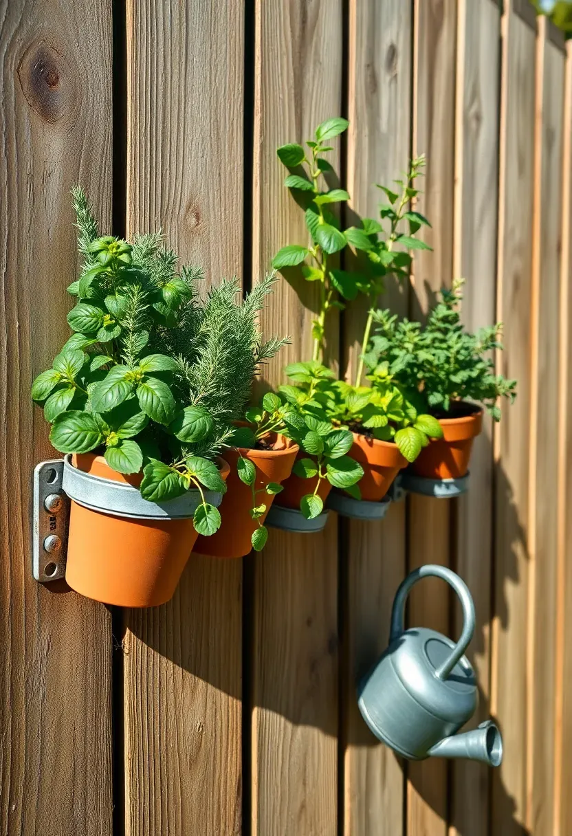 A vertical herb garden on a wooden fence made from small terracotta pots attached with metal ring clamps, growing basil, rosemary, mint, and thyme in bright afternoon sunlight
