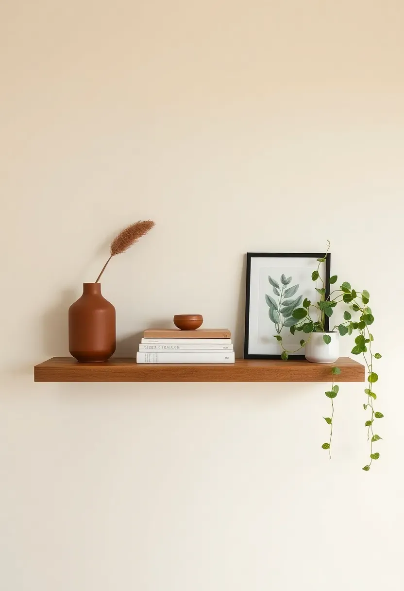 Final beautifully styled floating shelf — terracotta anchor vase with dried stem, small book stack with ceramic on top, leaning framed botanical print, trailing pothos at left, generous negative space — warm and considered